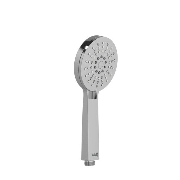 Chrome handheld shower head with a modern design