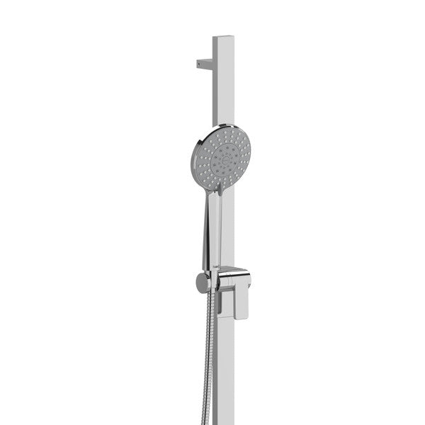 Wall-mounted shower head with adjustable height and handheld spray.