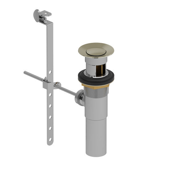 A chrome sink drain assembly with a pop-up stopper and mounting bracket.