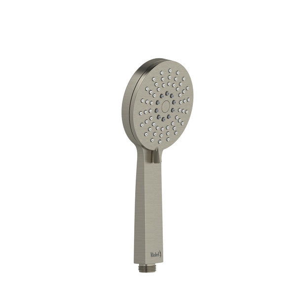 Metal handheld shower head with multiple small nozzles.