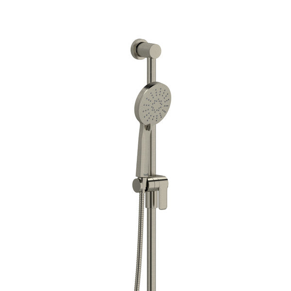 A modern shower head with a detachable handheld sprayer.