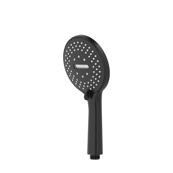 Black handheld showerhead with a round face and multiple nozzles.