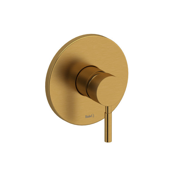 Modern gold wall-mounted faucet with a round plate and lever handle
