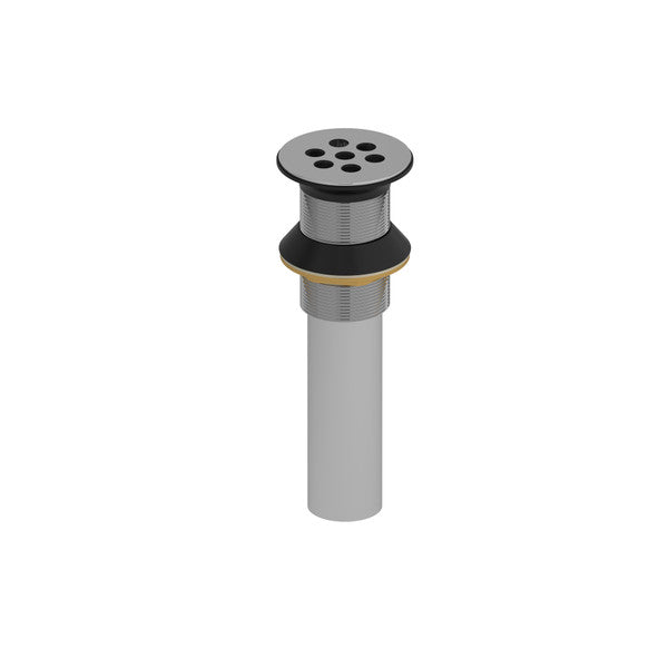 A metal sink drain with a slotted top and a connecting pipe.