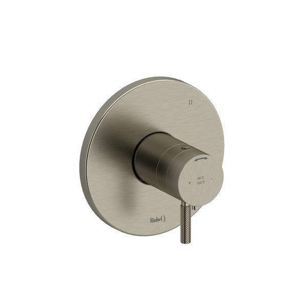 Modern stainless steel shower faucet with a circular plate and lever handle.