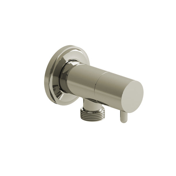 A metal faucet valve with a wall mount