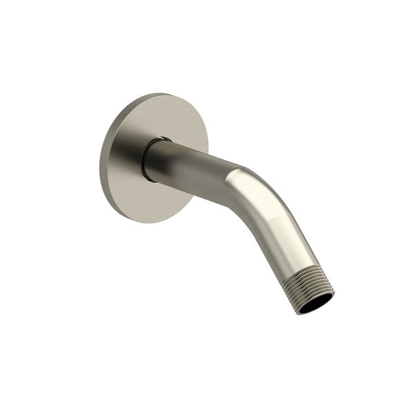 Wall-mounted shower arm with a brushed nickel finish.
