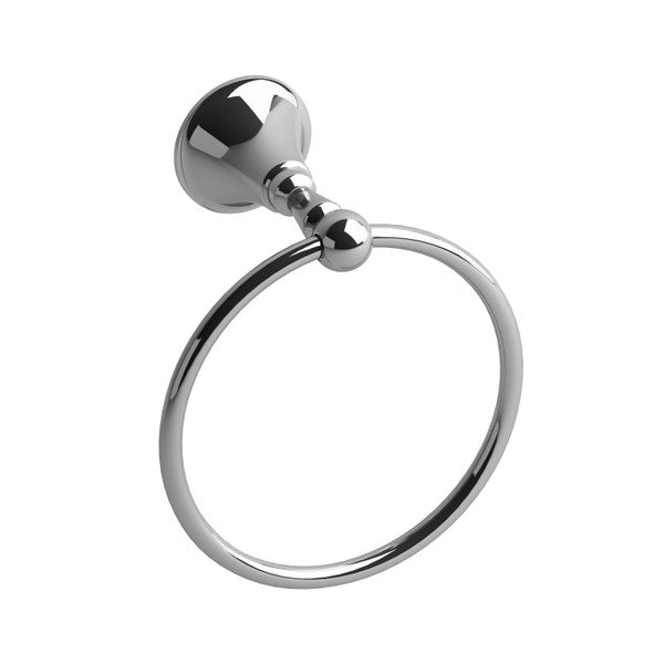 A shiny silver towel ring mounted on a wall.