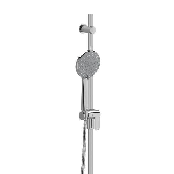 A silver handheld shower head attached to an adjustable shower slide bar.