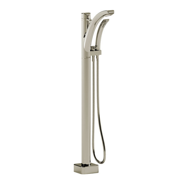 Modern freestanding bathtub faucet with a handheld shower attachment