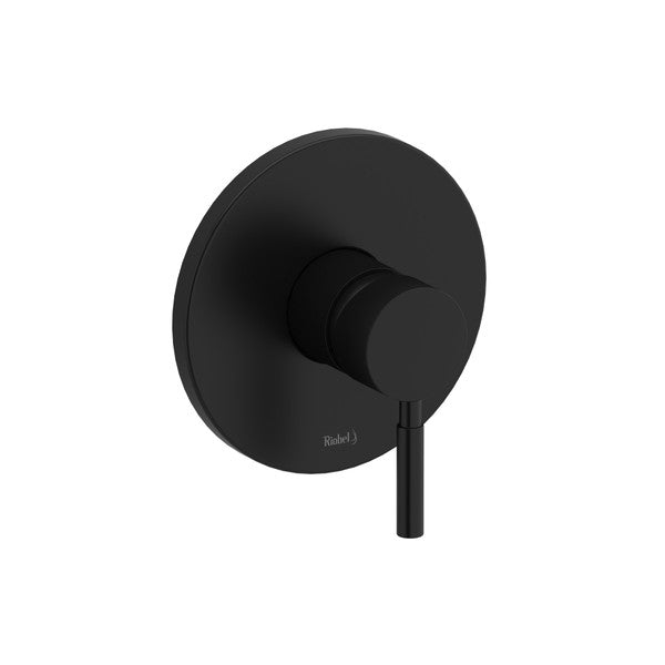 Black wall-mounted faucet with a round plate and a lever handle.