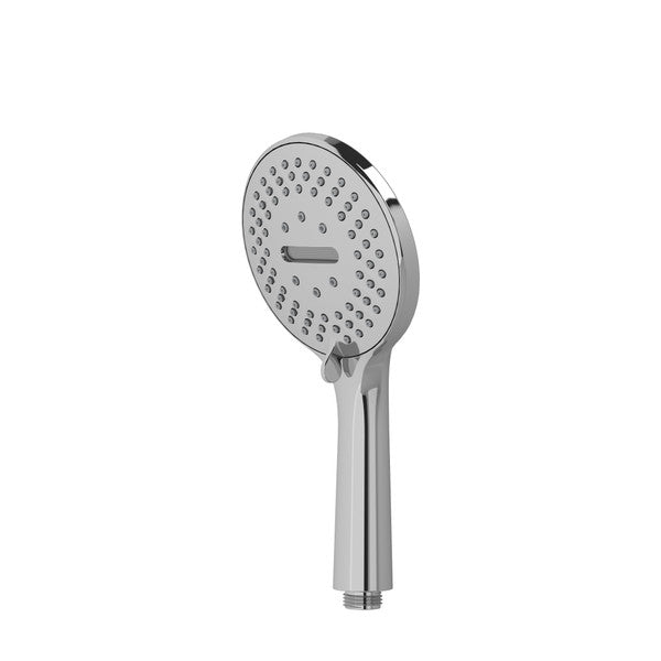 Chrome handheld showerhead with multiple spray nozzles.