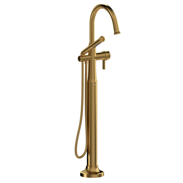 Modern gold floor-mounted bathtub faucet with handheld shower.