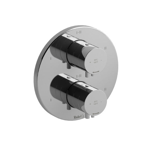 Shiny chrome shower control knobs on a round plate