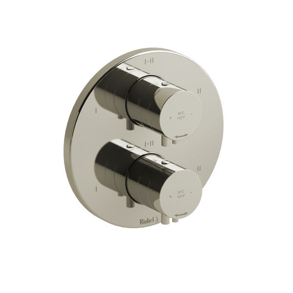 A modern chrome shower control panel with two knobs on a circular base.
