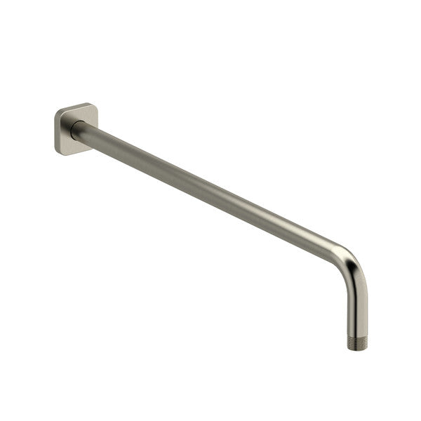 Stainless steel shower arm with a square wall mount and a curved end.