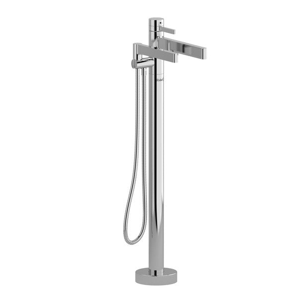 Modern floor-mounted bathtub faucet with a handheld shower attachment.