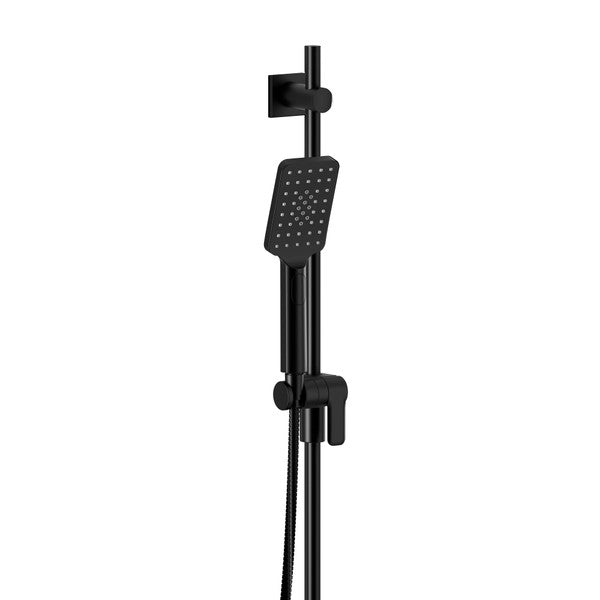 Black showerhead mounted on a sleek pole