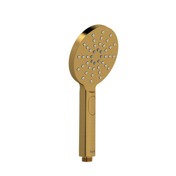 Gold handheld shower head with multiple spray nozzles.