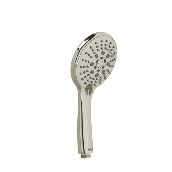 A modern handheld showerhead with multiple spray patterns.