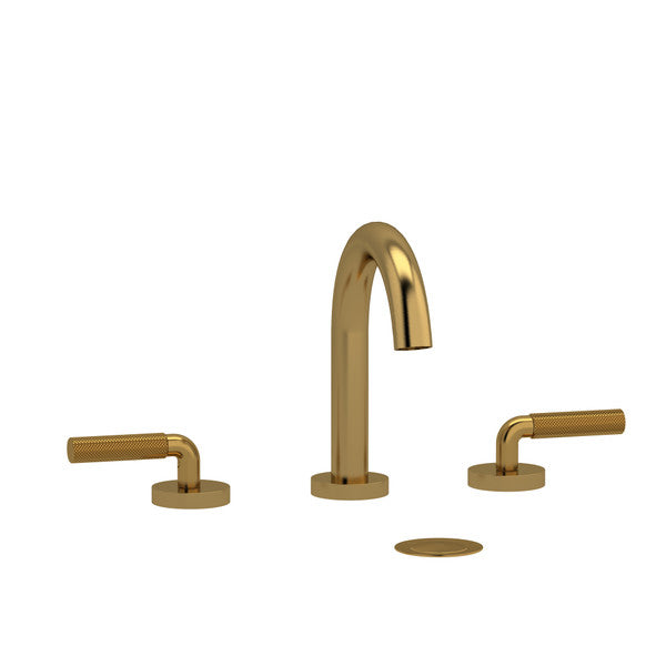 A modern three-piece bathroom faucet set in gold finish.