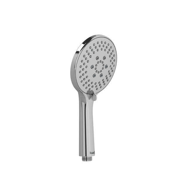 Chrome handheld shower head against white background