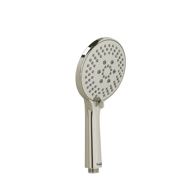 A modern handheld showerhead with a round design and multiple water spray options.