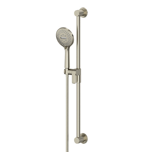 A modern showerhead with adjustable height on a vertical bar.