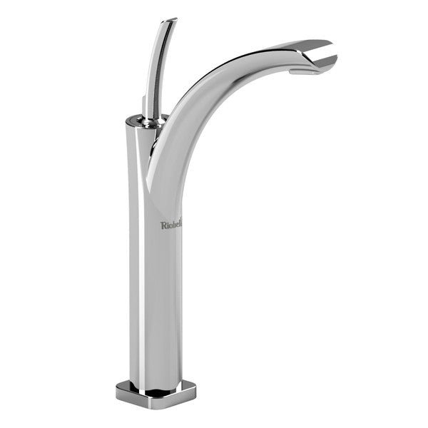 Modern chrome bathroom faucet with a sleek design.
