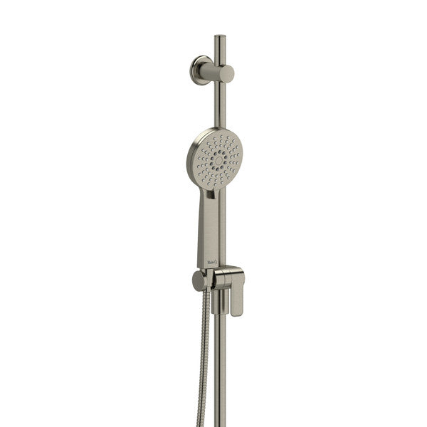 Stainless steel handheld shower head mounted on an adjustable slide bar.