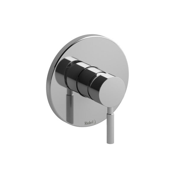 Sleek chrome faucet or shower control handle mounted on a round plate.