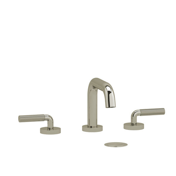 Modern bathroom faucet with two handles and a spout.