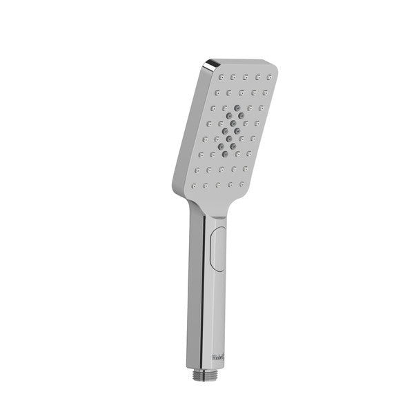 A modern silver handheld shower head with a flat, rectangular design.