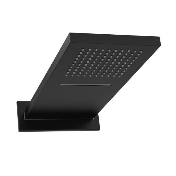 Modern black ceiling-mounted showerhead with a rectangular design.