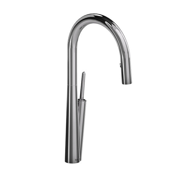 Modern chrome kitchen faucet with a curved spout.