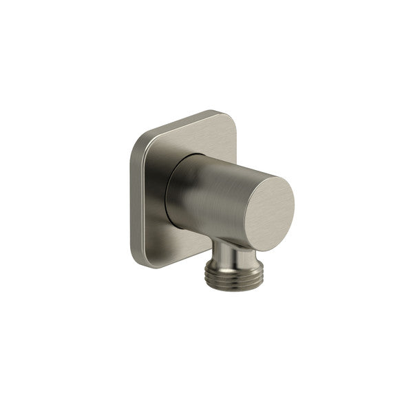 Brushed nickel wall-mounted shower elbow.