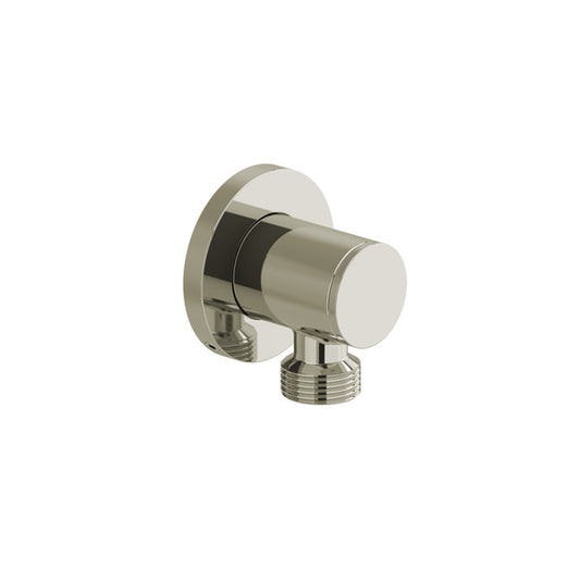 Chrome wall-mounted plumbing fixture with cylindrical design.