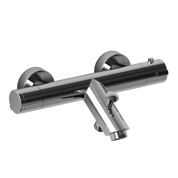 Chrome wall-mounted bathtub faucet with handles and spout