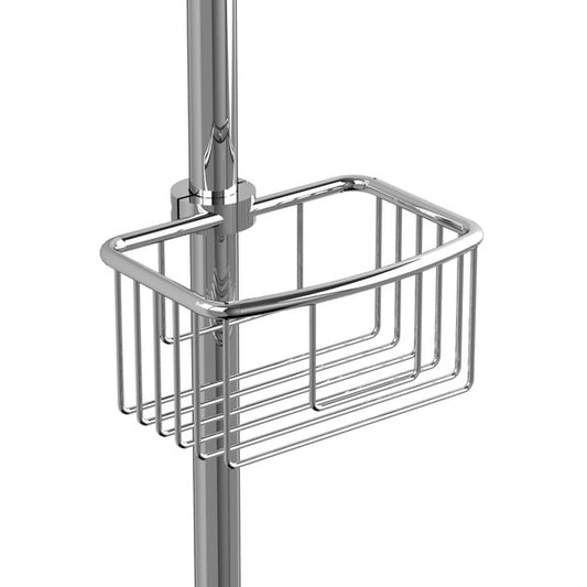 Chrome shower caddy basket attached to a pole