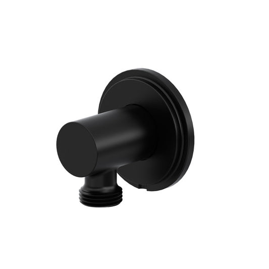 Black wall-mounted water outlet with a circular base