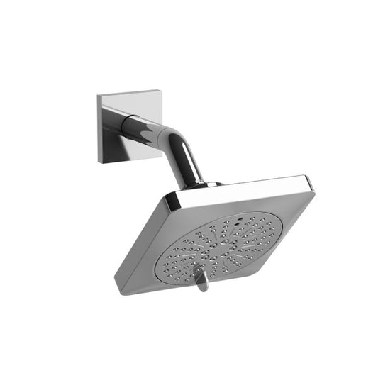 A modern square chrome showerhead mounted on a wall.