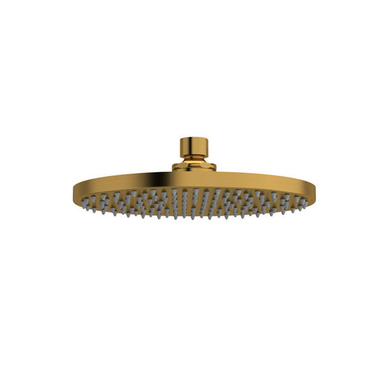 Gold round shower head with no visible water flow.