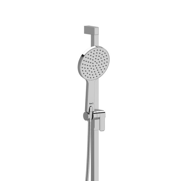 Modern chrome handheld shower head with adjustable mount and hose