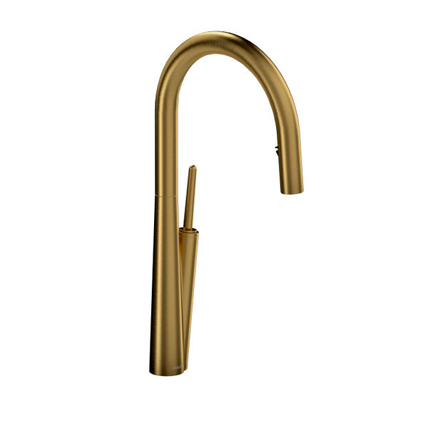 Gold kitchen faucet with curved spout