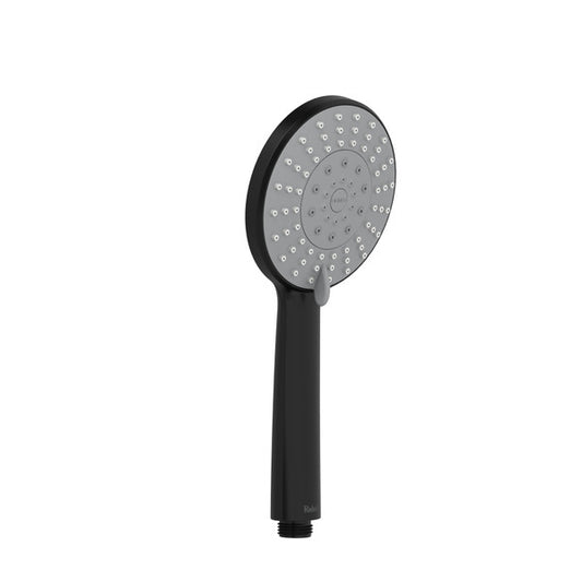 Black handheld showerhead with multiple nozzles.