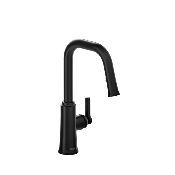 Black kitchen faucet with a high arc spout