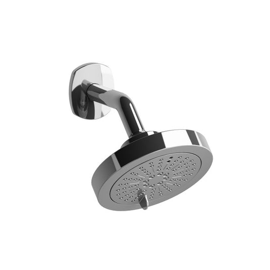 Wall-mounted chrome shower head.