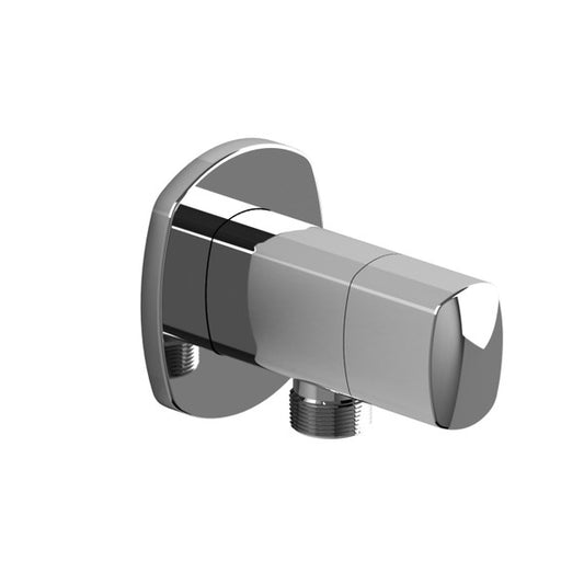 Chrome wall-mounted shower arm bracket.