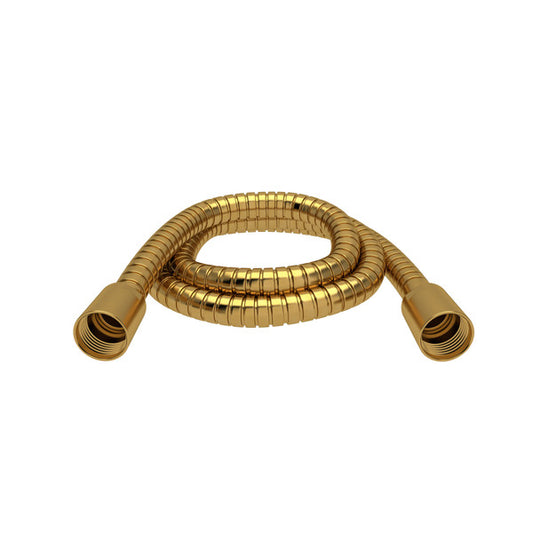 A gold metal flexible hose with threaded connectors on both ends.