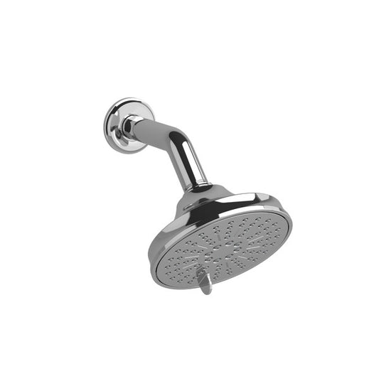 Wall-mounted chrome shower head with adjustable spray.